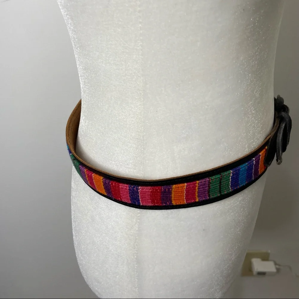 Multi-Color Rainbow Woven Waist Belt Faux Leather Buckle